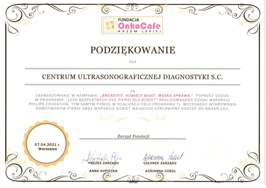 Centrum Ultrasonograficzne Diagnostyki - podziękowanie od Onkocafe