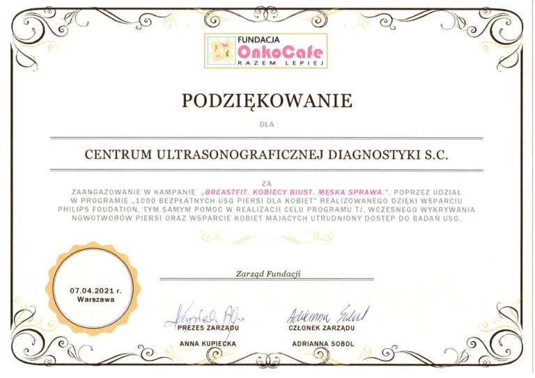 Centrum Ultrasonograficzne Diagnostyki - podziękowanie od Onkocafe