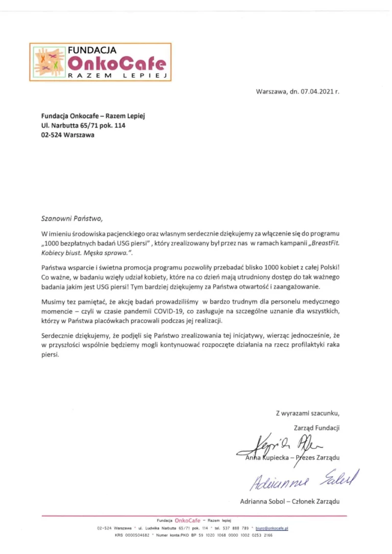 podziękowanie od fundacji Onkocafe