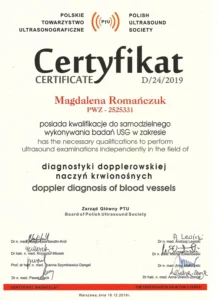 Certyfikat - Diagnostyka dopplerowska naczyń krwionośnych