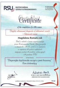 Certyfikat - diagnostyka dopplerowska naczyń w jamie brzusznej