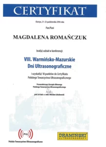 Certyfikat - VIII Warmińsko-Mazurskie Dni Ultrasonograficzne