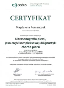 Certyfikat -ultrasonografia piersi jako część kompleksowej diagnostyki chorób piersi