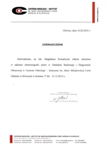 Zaświadczenie - szkolenie w zakresie ultrasonografii piersi