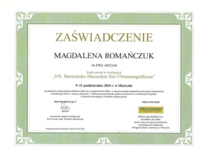 Certyfikat - VII Warmińsko-Mazurskie Dni Ultrasonograficzne