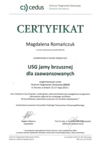 Certyfikat - USG jamy brzusznej dla zaawansowanych