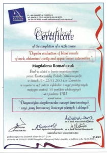 Certyfikat - diagnostyka dopplerowska naczyń krwionośnych: szyi, jamy brzusznej, kończyn górnych i dolnych