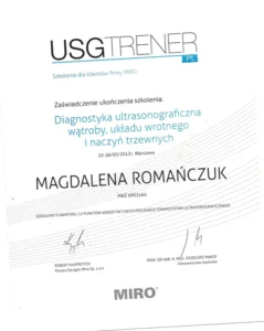 Certyfikat - diagnostyka ultrasonograficzna wątroby, układu wrotnego i naczyń trzewnych