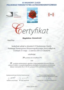 Certyfikat - obrady XI Naukowego Zjazdu Polskiego Towarzystwa Ultrasonograficznego