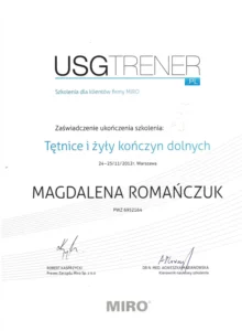 Certyfikat - USG tętnic żył i kończyn dolnych