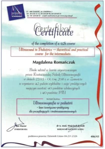 Certyfikat - ultrasonografia w pediatrii