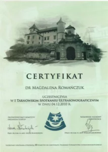 Certyfikat - I Tarnowskie Spotkania Ultrasonograficzne