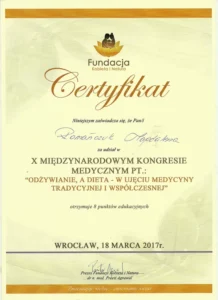 Certyfikat - Kongres Medyczny: Odżywianie a dieta w ujęciu medycyny tradycyjnej i współczesnej
