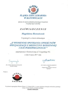Zaświadczenie - II wiosenne spotkania opiekunów specjalizacji medycyny rodzinnej i ich podopiecznych