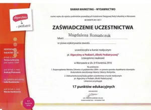 Zaświadczenie - Algorytmy w Pediatrii "Kliniki Pediatrycznej"
