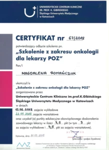 Certyfikat - Szkolenie z zakresu onkologii dla lekarzy POZ