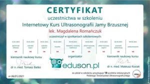 Certyfikat -Internetowy Kurs Ultrasonografii jamy brzusznej