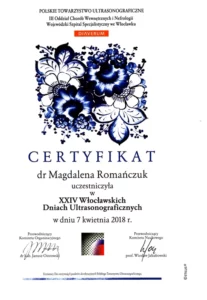 Certyfikat - XXIV włocławskie dni ultrasonograficzne