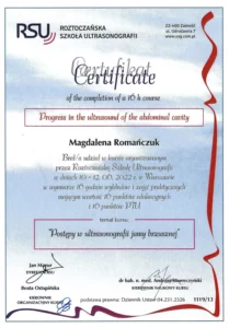 Certyfikat - postępy w ultrasonografii jamy brzusznej