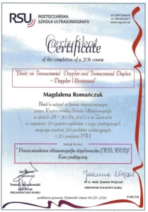 Certyfikat - przezczaszkowa ultrasonografia dopplerowska