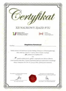 Certyfikat - XII naukowy zajazd Polskiego Towarzystwa Ultrasonograficznego