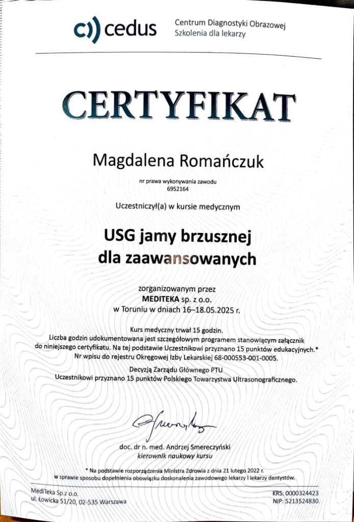 Certyfikat - USG jamy brzusznej dla zaawansowanych