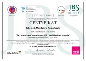 Kurs skleroterapii wraz z kursem USG i kwalifikacją do zabiegów" w Gdańsku - certyfikat potwierdzający bycia wykładowcą Magdalena Romańczuk